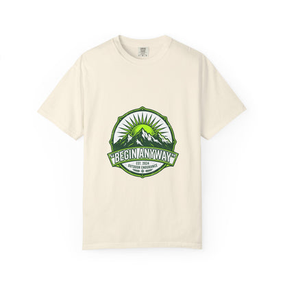 Begin Anyway Mountain T-Shirt — Inspirational Adventure Graphic Tee