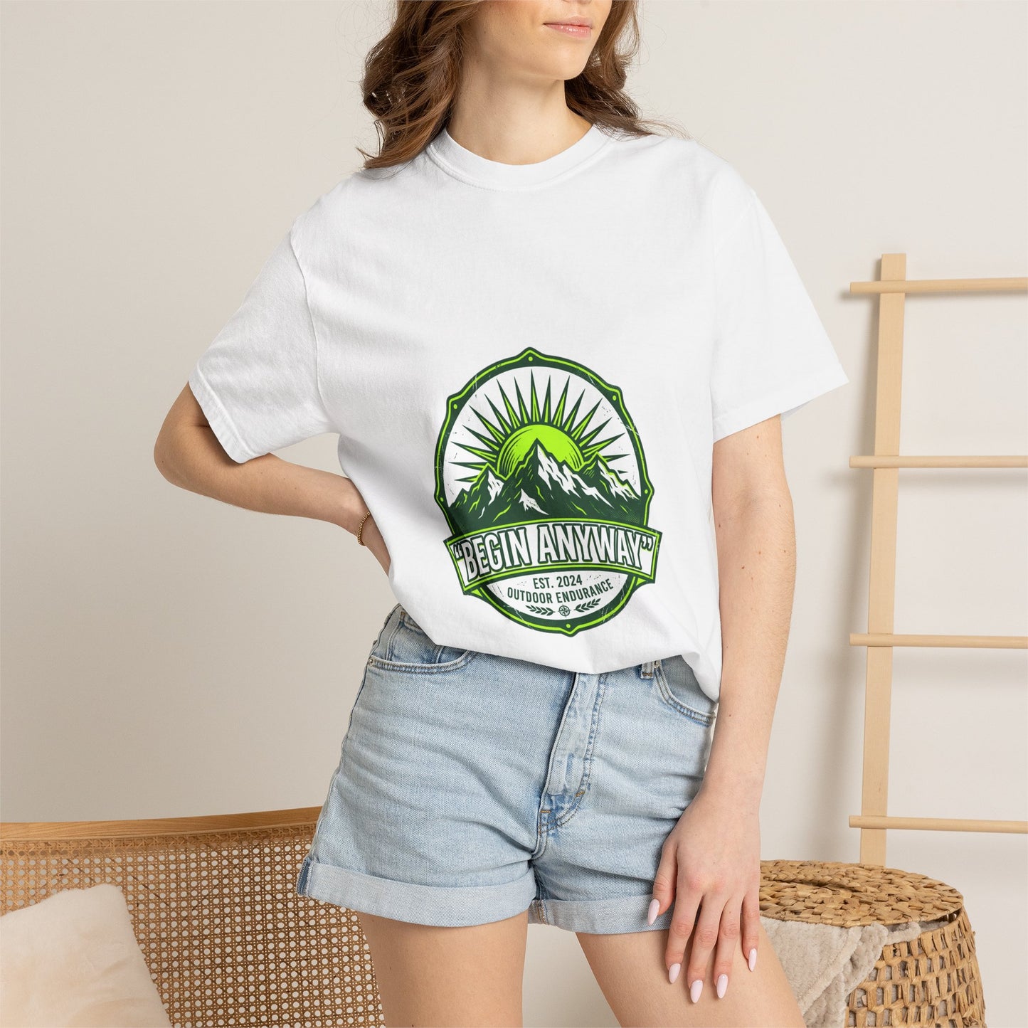 Begin Anyway Mountain T-Shirt — Inspirational Adventure Graphic Tee