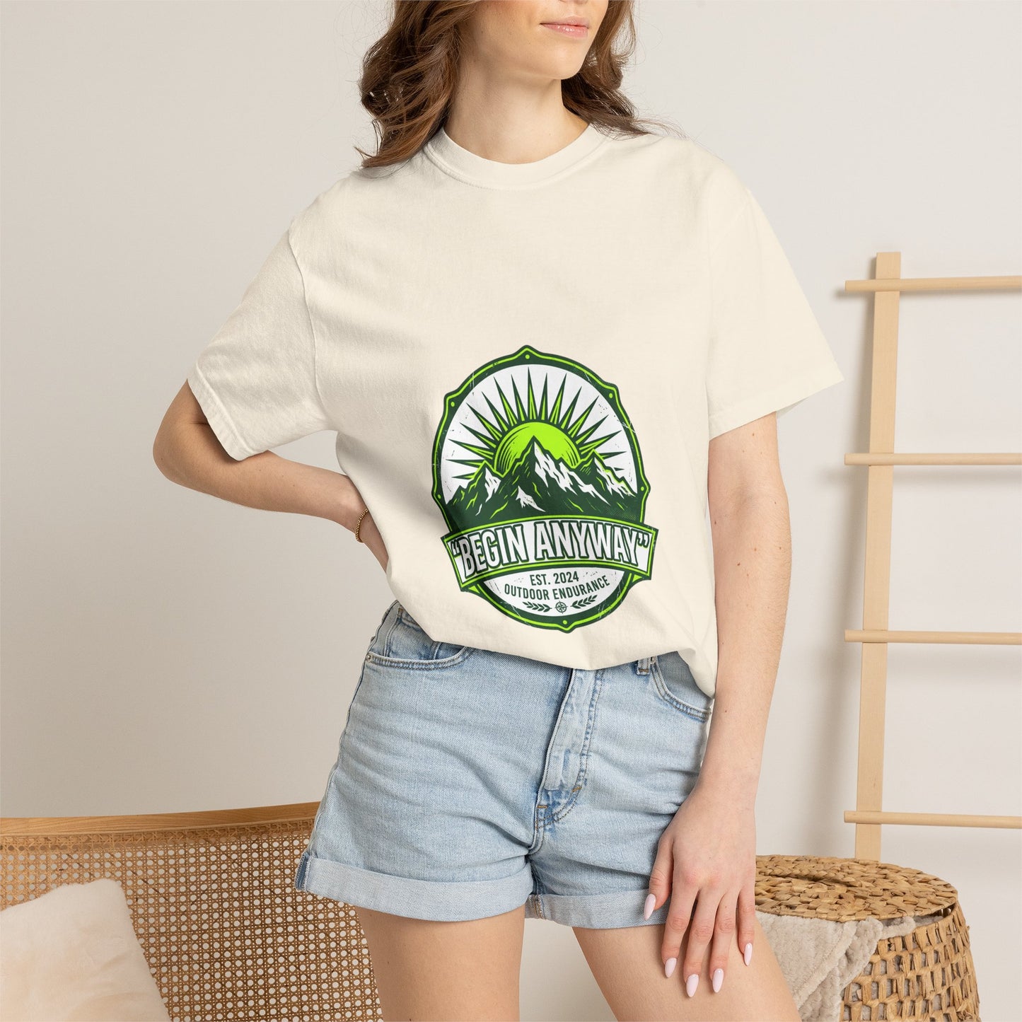 Begin Anyway Mountain T-Shirt — Inspirational Adventure Graphic Tee